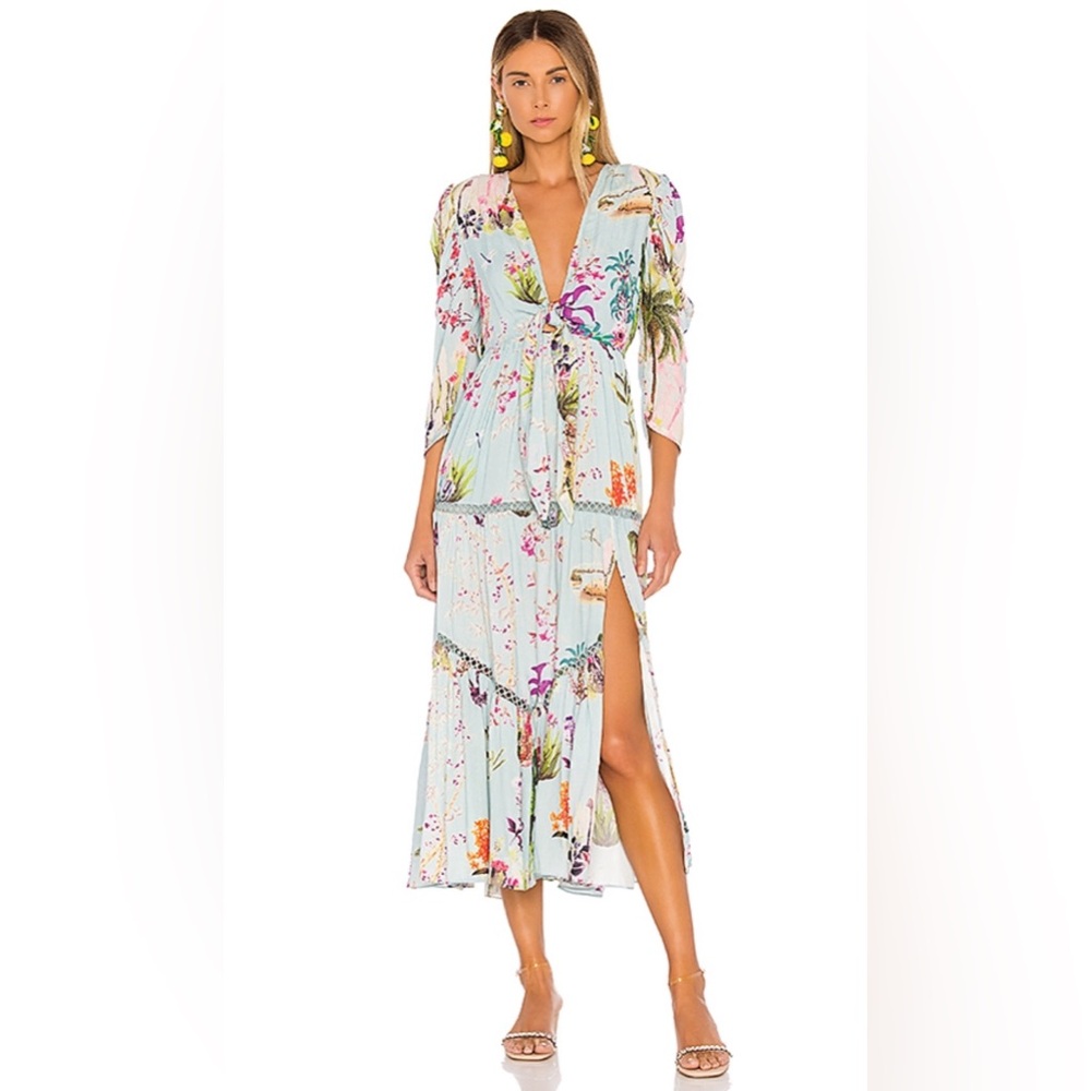 NWT Hemant & Nandita Floral-Print Tie Cutout Puff-Sleeve Blue Midi Dress S